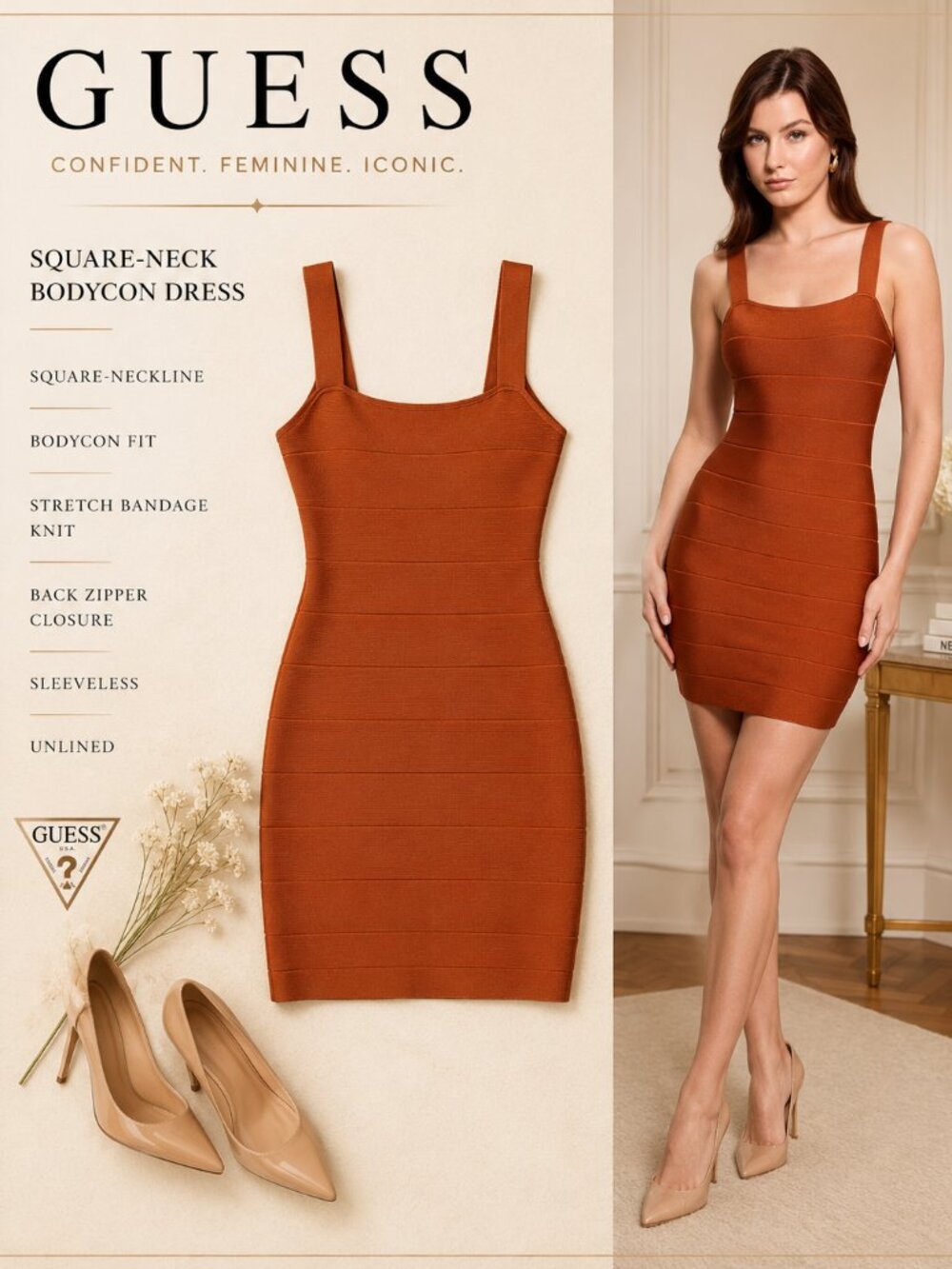 GUESS Caramel Bandage Bodycon Mini Dress XS NWT Square Neck Sexy Club